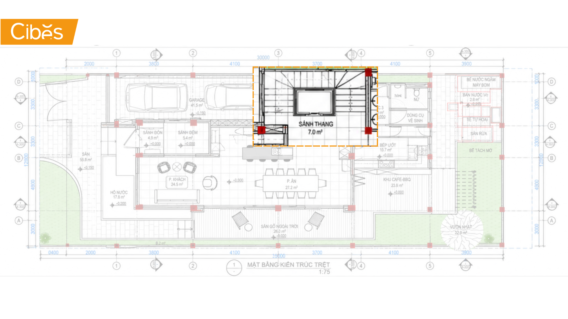 Vị trí dành cho thang máy gia đình nhập khẩu nguyên chiếc được gia chủ tính trước giữa cầu thang bộ trên bản vẽ biệt thự Đồi Ngọc Tước II